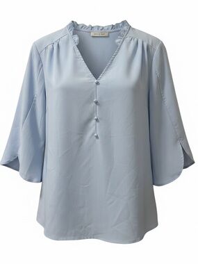 Brand B Blue V-Neck  Detail Button-Front Ruffle Trim Blouse Size Medium
